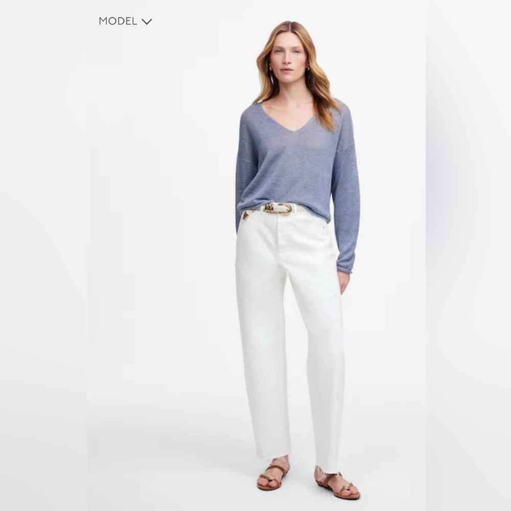Madewell white pieces barrel leg raw hem jeans